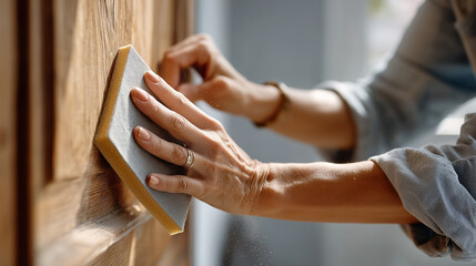 Obraz premium Homeowner sanding door edges for smoother fit. A close-up of a persons hands using sandpaper to smooth a wooden door edge. The light is warm and even, with dust particles visible