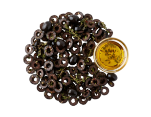 Sliced black olives marinated and set against a white background. Top view
