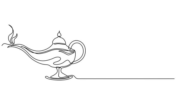 Magic lamp animation continuous one line drawing, single line of classic aladin's lamp vector. drawing one line isolated on white background, design of aladdin magic teapot. full length animation 4k.