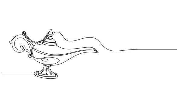 Magic lamp animation continuous one line drawing, single line of classic aladin's lamp vector. drawing one line isolated on white background, design of aladdin magic teapot. full length animation 4k.