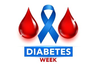 Diabetes week awareness with blood drops and blue ribbon isolated on white background