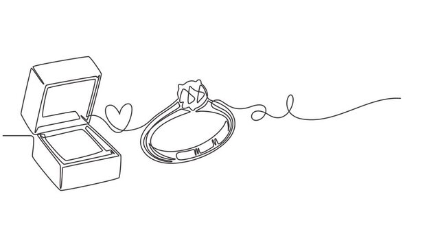 animation continuous drawing of rings in a box in one line. one line, Self drawing line animation Engagement ring in a box marriage jewel continuous one single line drawn concept video, Wedding rings.