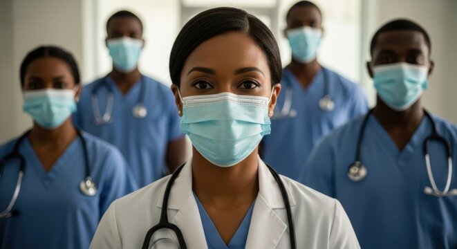 Confident african female doctor leading medical team wearing masks and scrubs
