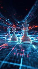 Digital chessboard with glowing pieces in virtual space. Symbol of strategy, decision making, artificial intelligence, and data analysis