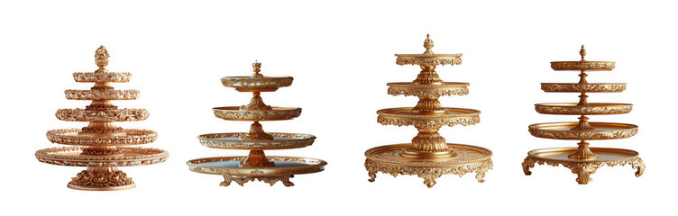 Four ornate golden tiered serving stands with intricate detailing, isolated on transparent background
