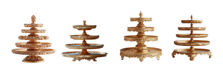 Four ornate golden tiered serving stands with intricate detailing, isolated on transparent background