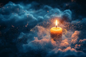 Glowing candle in mystical smoke and sparkling atmosphere