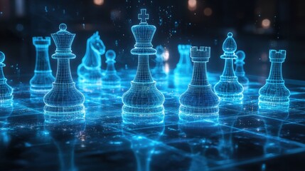 Digital chessboard with glowing pieces in virtual space. Symbol of strategy, decision making, artificial intelligence, and data analysis