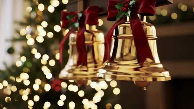 Golden Christmas Bells Ring Gently with Festive Holiday Lights and Warm Bokeh Background.