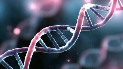 3D visualization of glowing DNA strand and microscopic particles floating in blue and pink abstract space, biotechnolog AI - Powered by Adobe