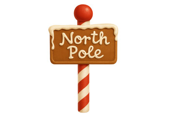 Gingerbread north pole sign with frosting and candy cane stripe pole, representing christmas holiday season destination