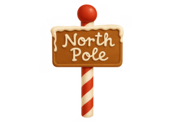 Gingerbread north pole sign with frosting and candy cane stripe pole, representing christmas holiday season destination