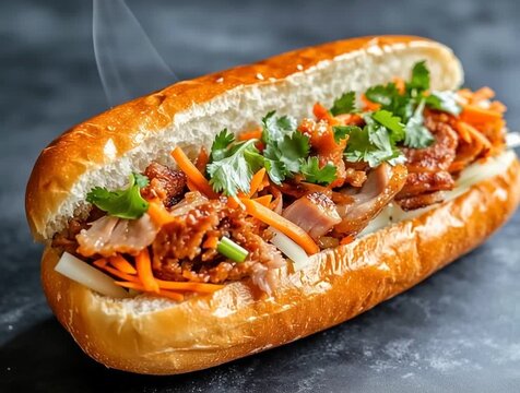Vietnamese baguette sandwich with bbq pork, grilled pork, bacon, cilantro, shredded carrots and daikon