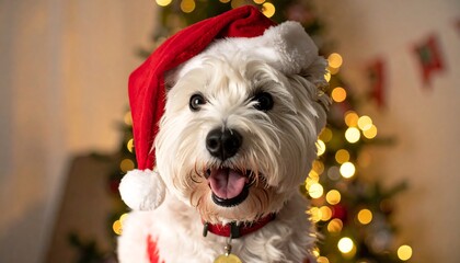 Westie Dog Christmas Portrait with Santa Hat and Christmas Tree.