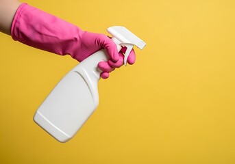 Hand in pink glove holding a white spray bottle against yellow
