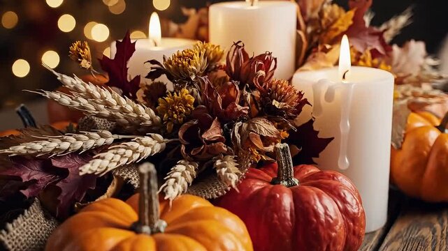 Warm autumn harvest celebration with glowing candles and pumpkins creating a cozy festive atmosphere for seasonal events and decor