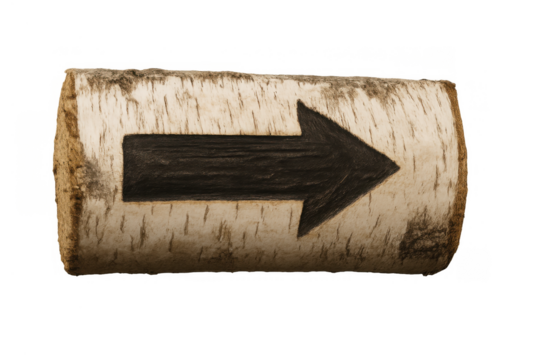 Wooden log sign with engraved black arrow pointing right, indicating direction or next step, isolated object