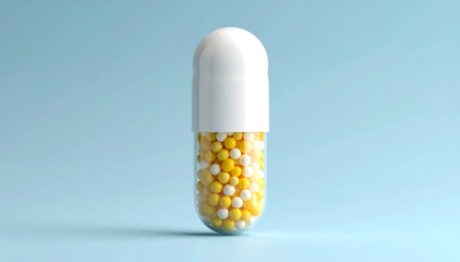 A close-up studio shot of a single, elongated pill capsule, filled with tiny granules