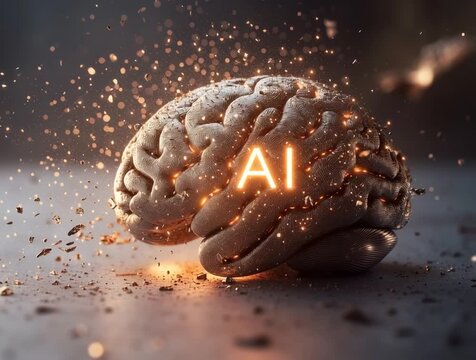 Brain with "AI" microship glowing on