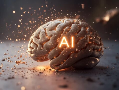 Brain with "AI" microship glowing on