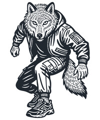 Fototapeta premium A cool wolf character in urban street wear: hoodie, cargo pants, and sneakers. Anthropomorphic animal in a vintage woodcut or engraving vector style.
