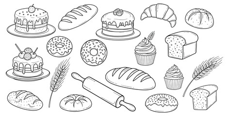 Variety of baked goods including cakes breads donuts and cupcakes in a line art style