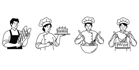 Line art illustration of bakers preparing bread and cake in a bakery setting design