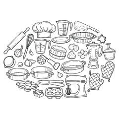 Baking utensils and ingredients arranged in a circle for cooking and pastry preparation