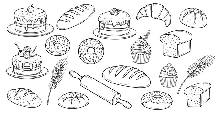 Variety of baked goods including cakes breads donuts and cupcakes in a line art style