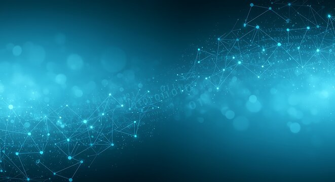 Abstract flowing digital network with bokeh on a teal background