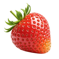 Close up of a vibrant fresh strawberry with seeds and green leaves isolated on black background studio shot