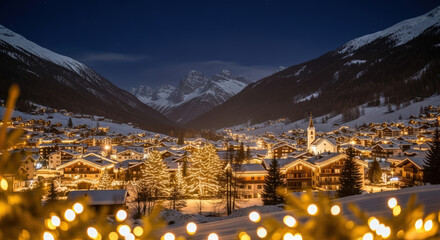 Snowy alpine village at twilight with Christmas lights, nestled amongst majestic snow-capped mountains, conveying a cozy festive atmosphere.
