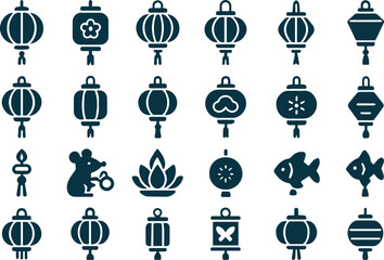 Collection of diverse chinese lantern icons featuring traditional designs and festive symbols for celebrations