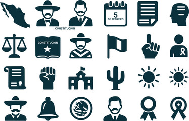 Collection of mexican cultural and national symbols featuring icons of history government and identity