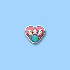 Obraz premium Multigenerational family embracing Earth in a heart sticker illustration. Global unity, love, and protection of the planet concept.