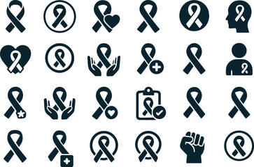 Collection of cancer awareness ribbons and support symbols for health campaigns and medical information