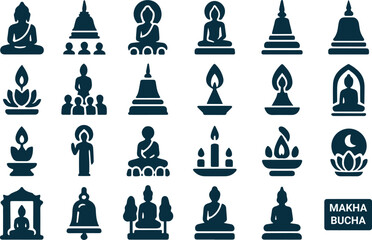 Collection of buddhist icons and symbols representing enlightenment meditation and religious devotion