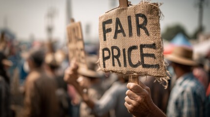 Hand of old man holding a sign for fair price during farmers protest. Social movement and activism for economic justice and better wages.