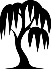 Silhouette of a weeping willow tree with cascading branches and lush foliage against a white background