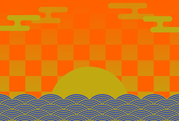 年賀状の背景素材　和風グラフィック　初日の出（1）　オレンジと青　ヨコ