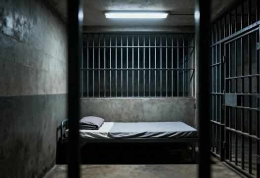 Empty prison cell with metal bars and a single bed under harsh light. Concept of punishment, isolation, and justice.