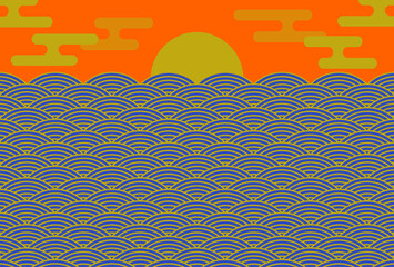 年賀状の背景素材　和風グラフィック　初日の出（2）　オレンジと青　ヨコ