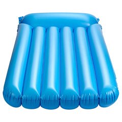 A bright blue, rectangular inflatable pool float with vertical air chambers