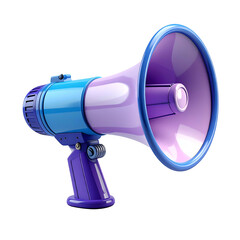 A brightly colored, cartoon megaphone rendered in shades of blue and purple