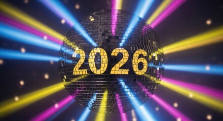 Disco ball shining with the year 2026 reflecting colorful lights