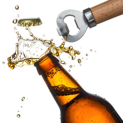 A brown beer bottle being opened, with the cap and beer splashing