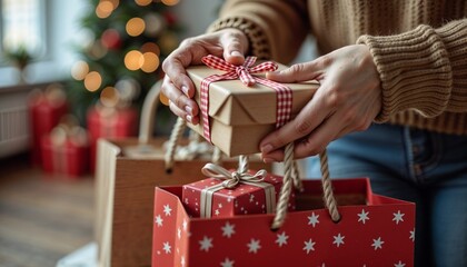 Hands gentle placing a present into a red bag beside a glowing tree with sparkling ornaments