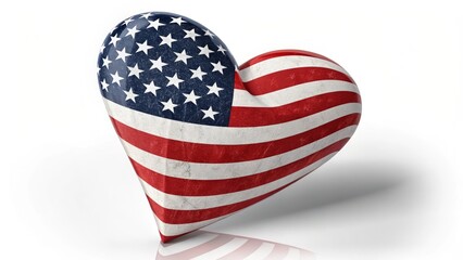USA flag in heart shape with shadow, white background