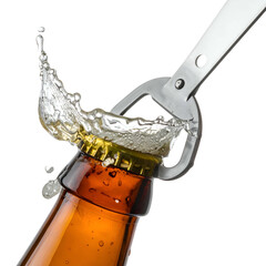 A brown bottle opening with a splash of liquid and a silver opener