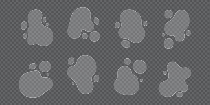 Collection of realistic liquid glass fram water drops and splashes on a transparent background